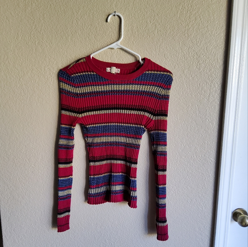 Burgundy striped long sleeve, (M)